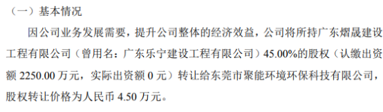 开云电竞百林生态拟以45万将所持广东熠晟建设工程有限公司45%的股权转让给东莞市聚能环境环保科技有限公司(图1)